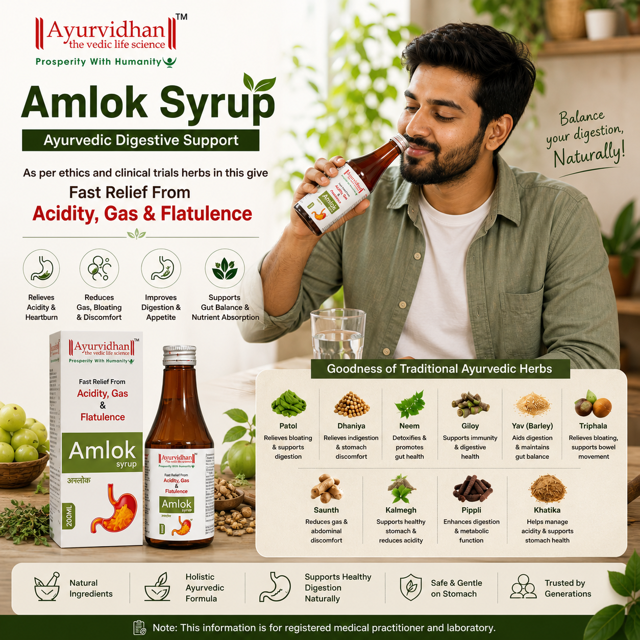 Man holding a bottle of Ayurvedic syrup with product packaging and text about its benefits.