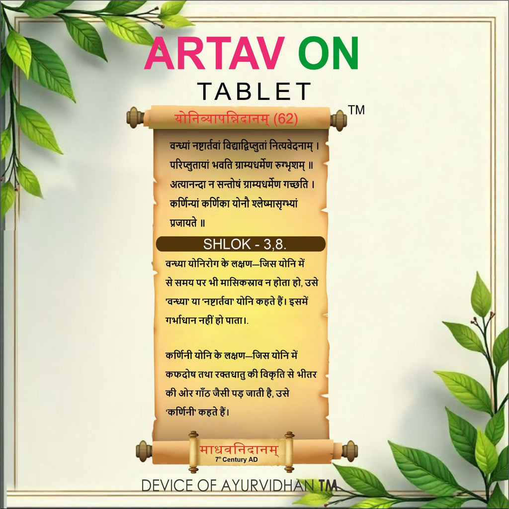 Promotional graphic for the Artav On Tablet, featuring a central parchment scroll with Sanskrit text, green leaves in the corners, and text reading 'ARTAV ON TABLET' and 'DEVICE OF AYURVIDHAN TM'.