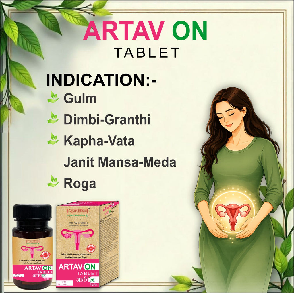 Artav On Tablet advertisement featuring a product box and bottle on the left, a list of indications on the left, and an illustration of a pregnant woman holding a glowing uterus on the right, with decorative green leaves around the border.