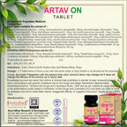 A product information card for Artavon Tablet, detailing the ingredients, dosage, manufacturer details, and packaging. The card features a light beige background with green leaf illustrations, a prominent pink and green Artavon logo, and a small pink and white blister pack of tablets shown in the bottom right corner.