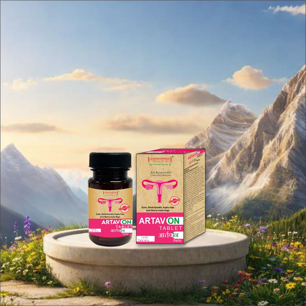 A bottle and box of Artavon Tablets are displayed on a stone pedestal against a scenic mountain background with flowers and a blue sky.