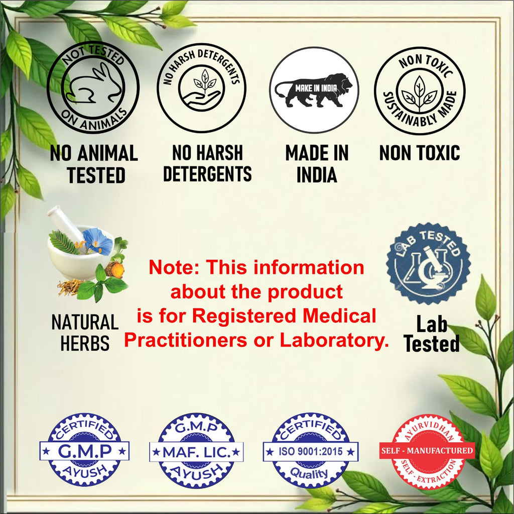 A product information graphic on a cream background with decorative green leaves. The graphic contains multiple certification and feature icons and text: 'Not Tested on Animals,' 'No Harsh Detergents,' 'Made in India,' 'Non Toxic,' 'Natural Herbs,' a note about registered medical practitioners or laboratory information, a blue 'Lab Tested' seal, and several blue and red certification logos including G.