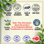 A product information graphic on a cream background with decorative green leaves. The graphic contains multiple certification and feature icons and text: 'Not Tested on Animals,' 'No Harsh Detergents,' 'Made in India,' 'Non Toxic,' 'Natural Herbs,' a note about registered medical practitioners or laboratory information, a blue 'Lab Tested' seal, and several blue and red certification logos including G.