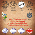 Product label with various certification logos and text on a brown background
