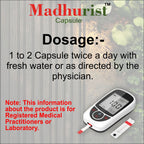 Instructional graphic for Madhurist Capsule dosage with a glucose meter and test strip.