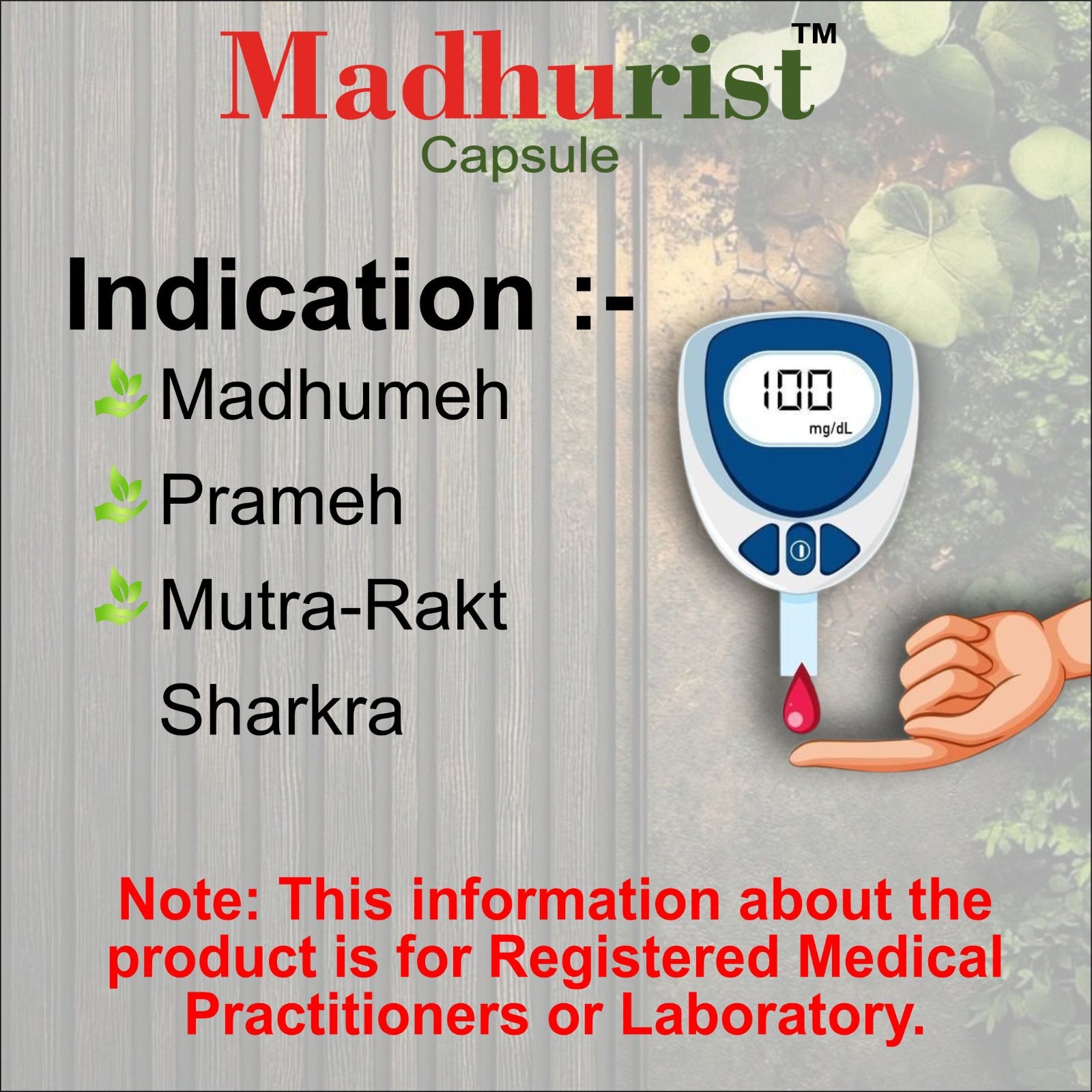 Advertisement for Madhurist Capsule with a blood glucose meter and hand dropping blood, on a textured background.