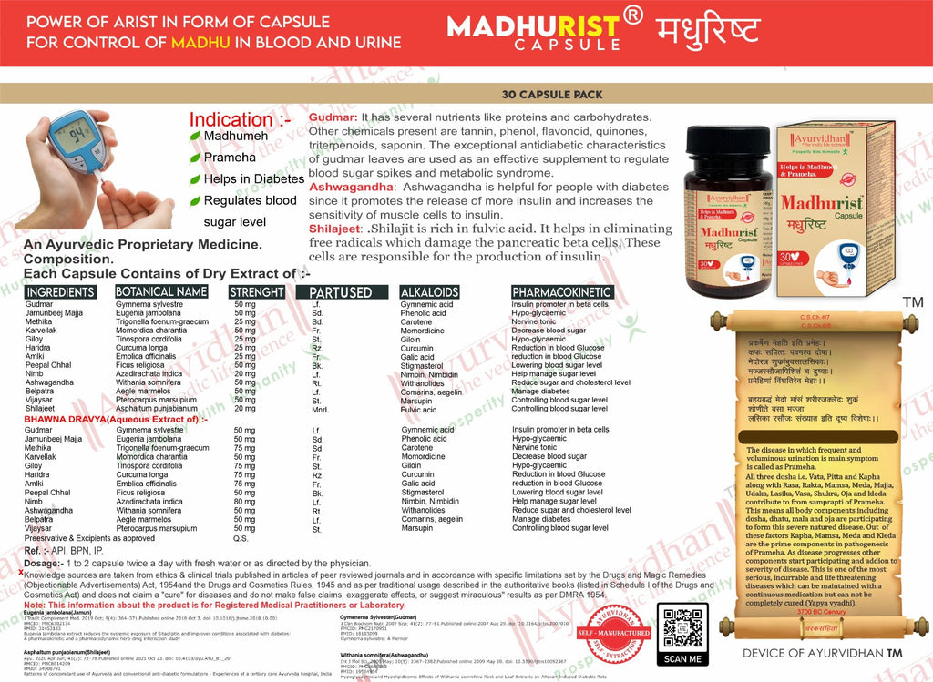 Madhurist capsule packaging with product details and ingredients list.