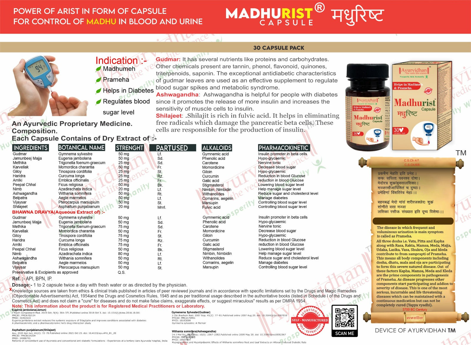 Madhurist capsule packaging with product details and ingredients list.