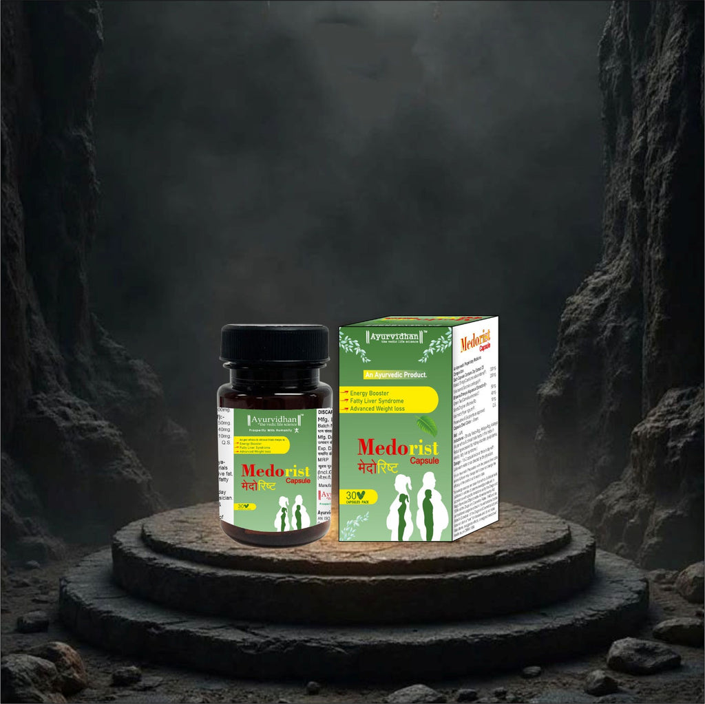 Medorist Medo gist bottle and box on a dark stone platform