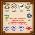 Product label with various certification logos and text on a wooden frame background