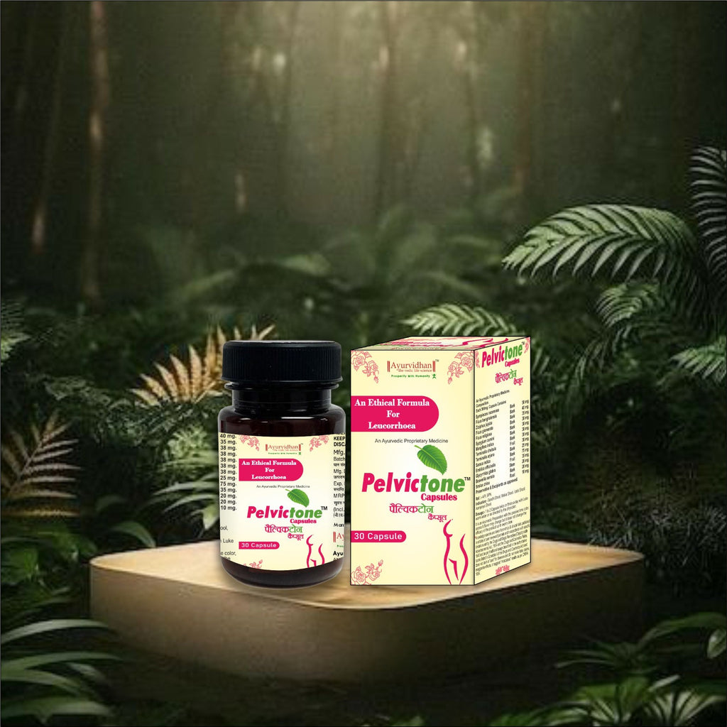 Pelvic tone supplement bottle and packaging on a wooden platform with a forest background
