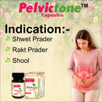 Advertisement for Pelvictone capsules with a woman holding her stomach and product packaging.