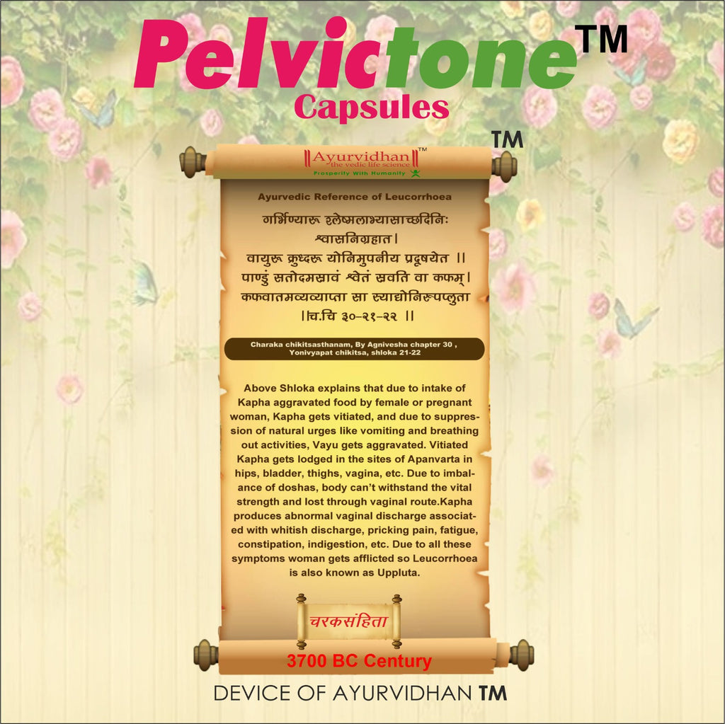 Advertisement for Pelvic tone capsules with Ayurvedic text on a decorative background