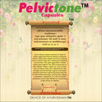 Advertisement for Pelvic tone capsules with Ayurvedic text on a decorative background
