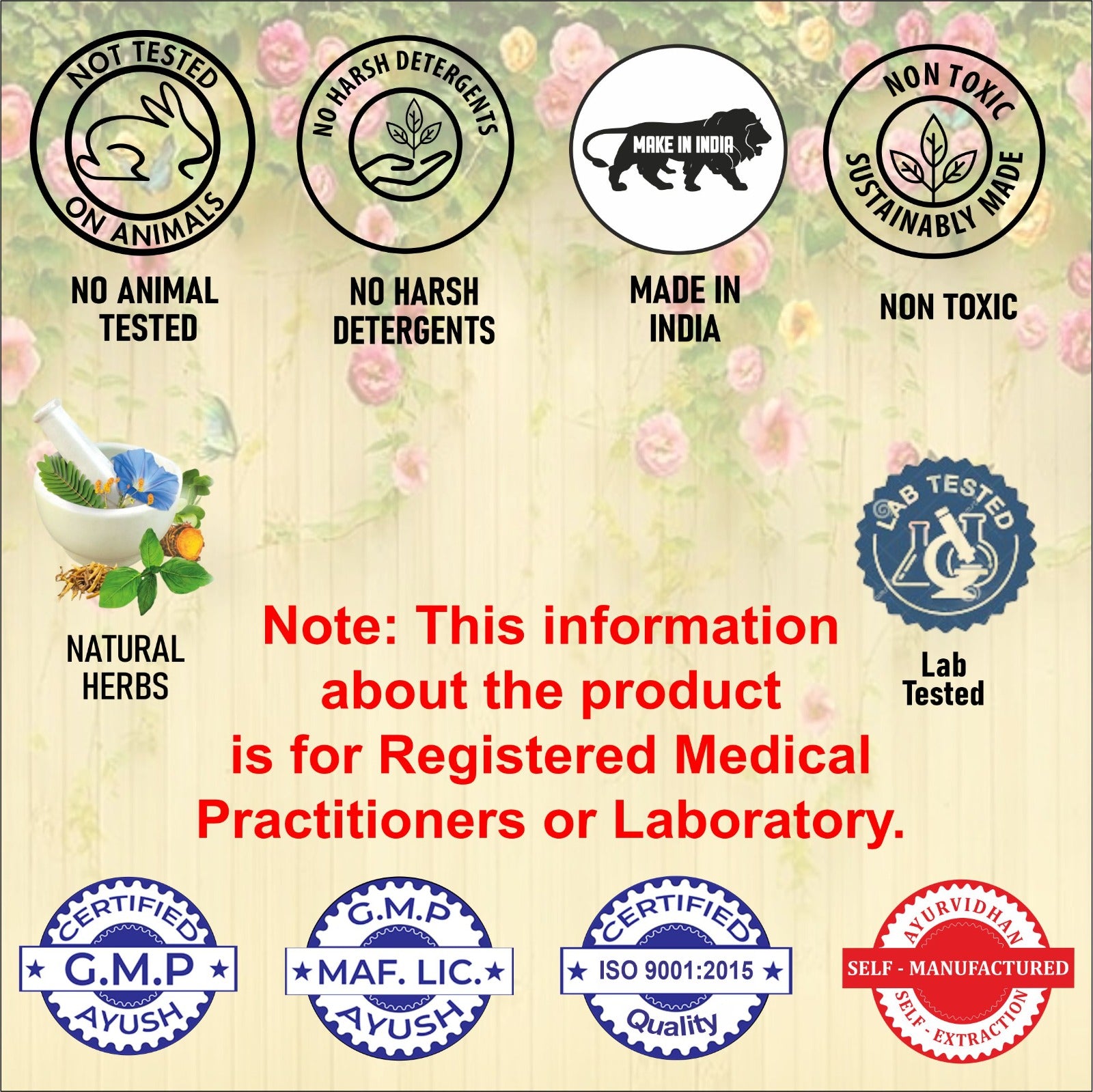 Collection of product certification logos on a floral background