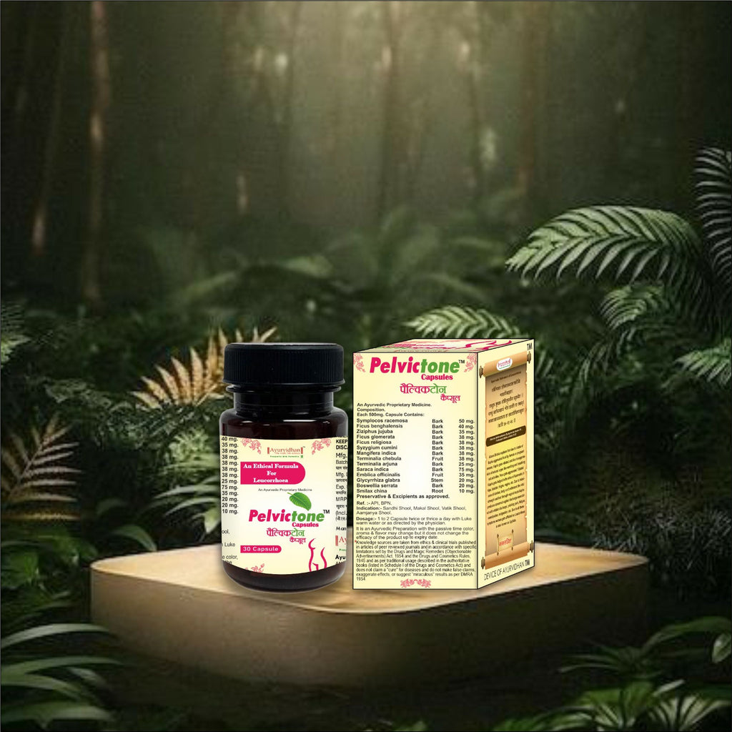 Pelvitone supplement bottle and packaging on a wooden platform with a forest background