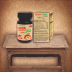 ROHITONE capsule bottle and packaging on a wooden surface with a textured brown background