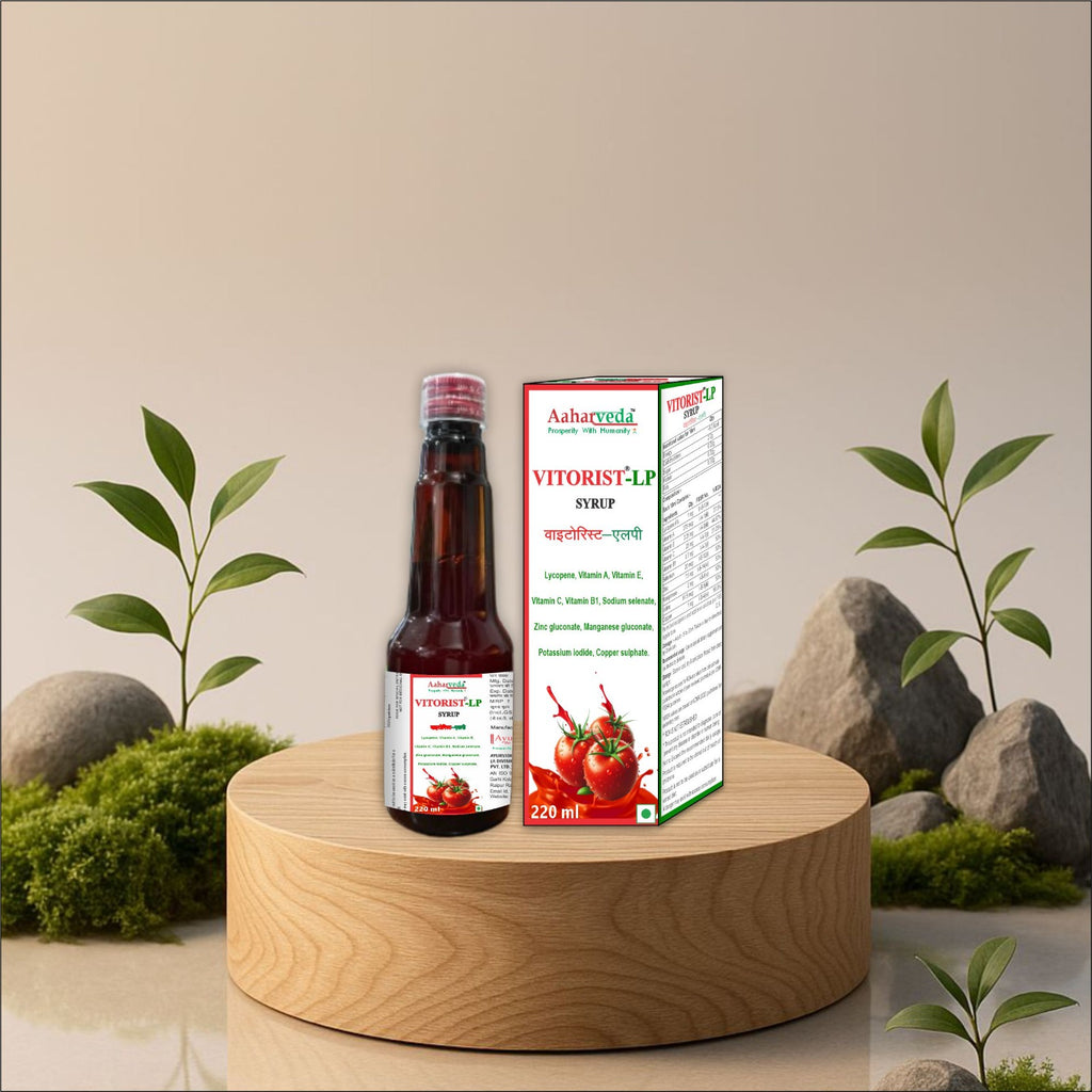 A bottle of Asharodas Vitorist LP Syrup and its packaging box displayed on a round wooden pedestal, with decorative plants and moss in the background.