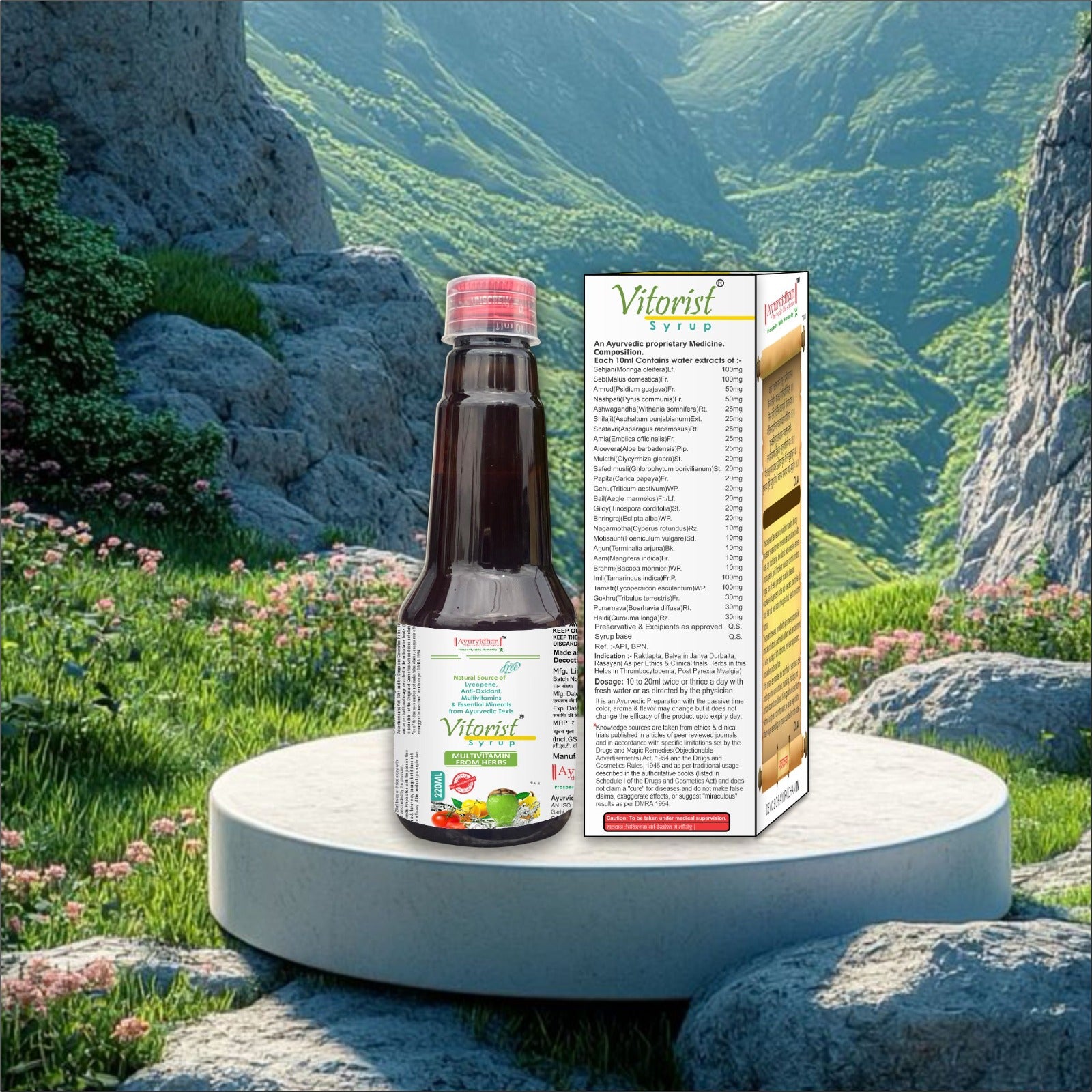Vitarist bottle and box on a rock with a mountainous landscape in the background