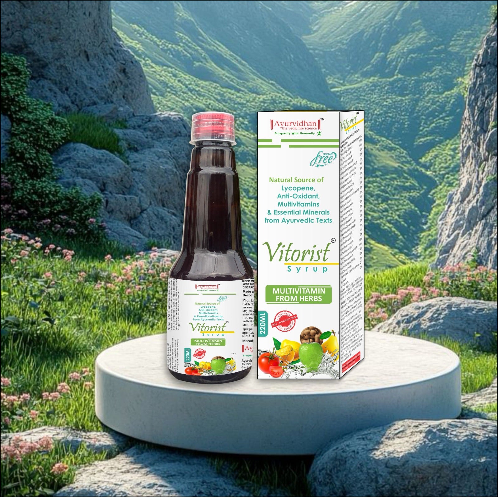 Vitorist syrup bottle and box on a pedestal with a mountainous landscape background