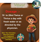 Vitorist Syrup packaging with dosage instructions and a child holding a basket of fruits and vegetables.
