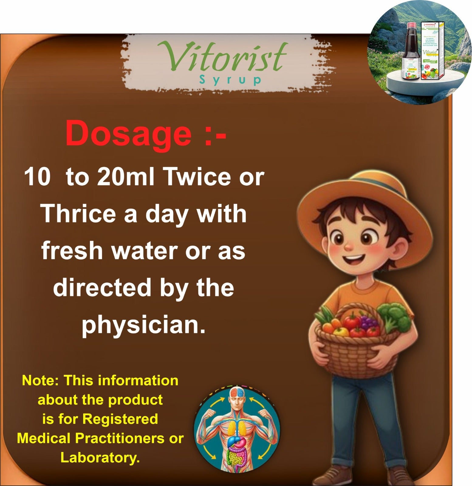 Vitorist Syrup packaging with dosage instructions and a child holding a basket of fruits and vegetables.