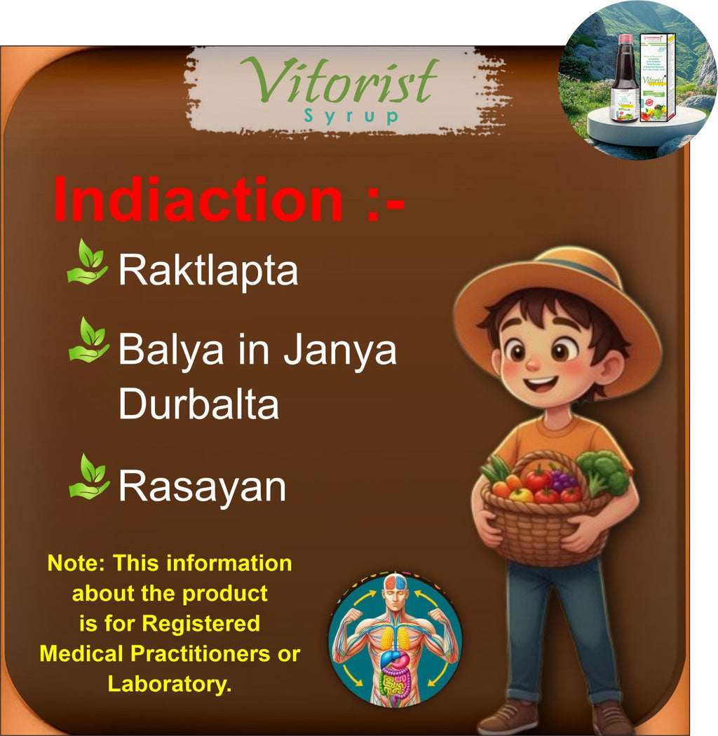 Product advertisement for Vitorist Syrup with a child holding a basket of fruits and vegetables on a brown background.