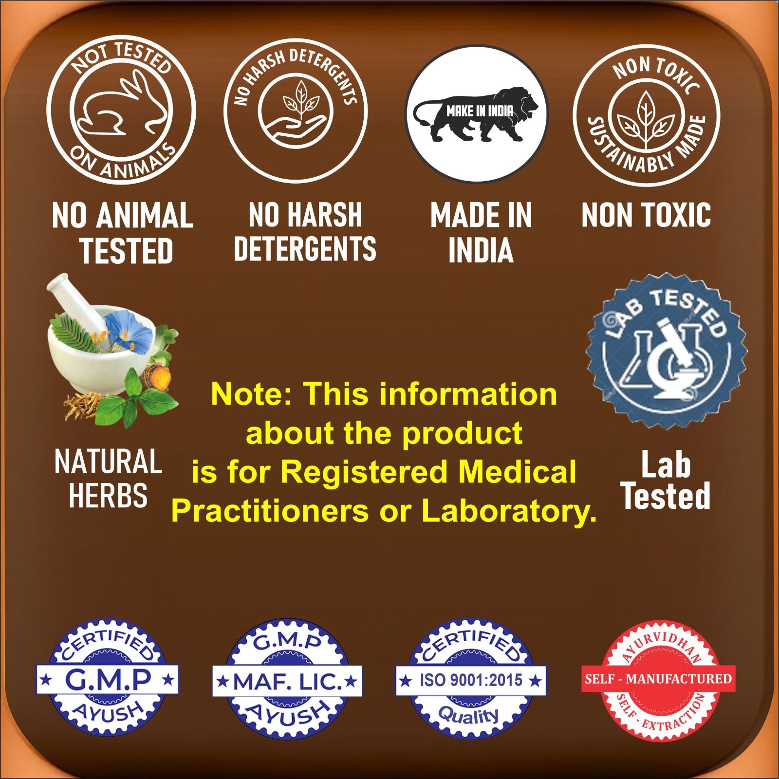 Product label with various certification logos and text on a brown background