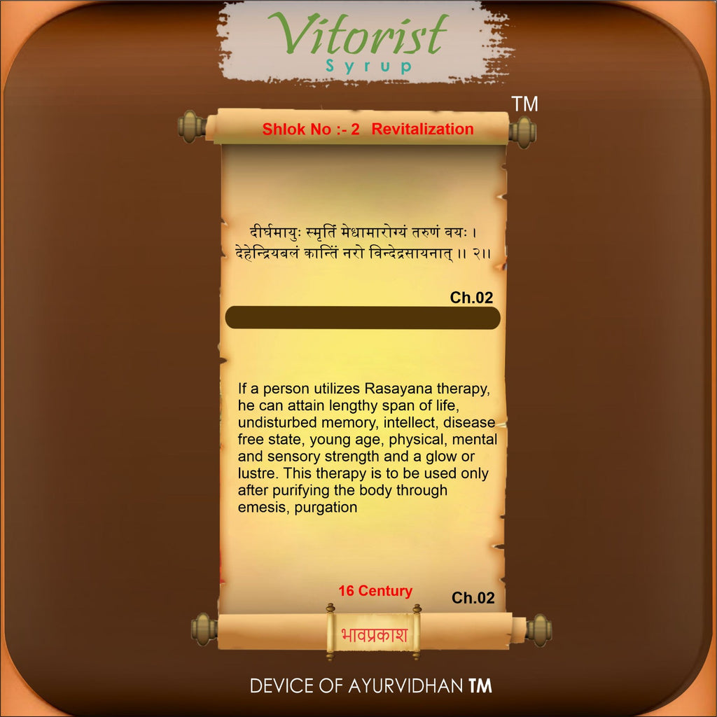 Text on a scroll with Vitorist Syrup branding on a brown background