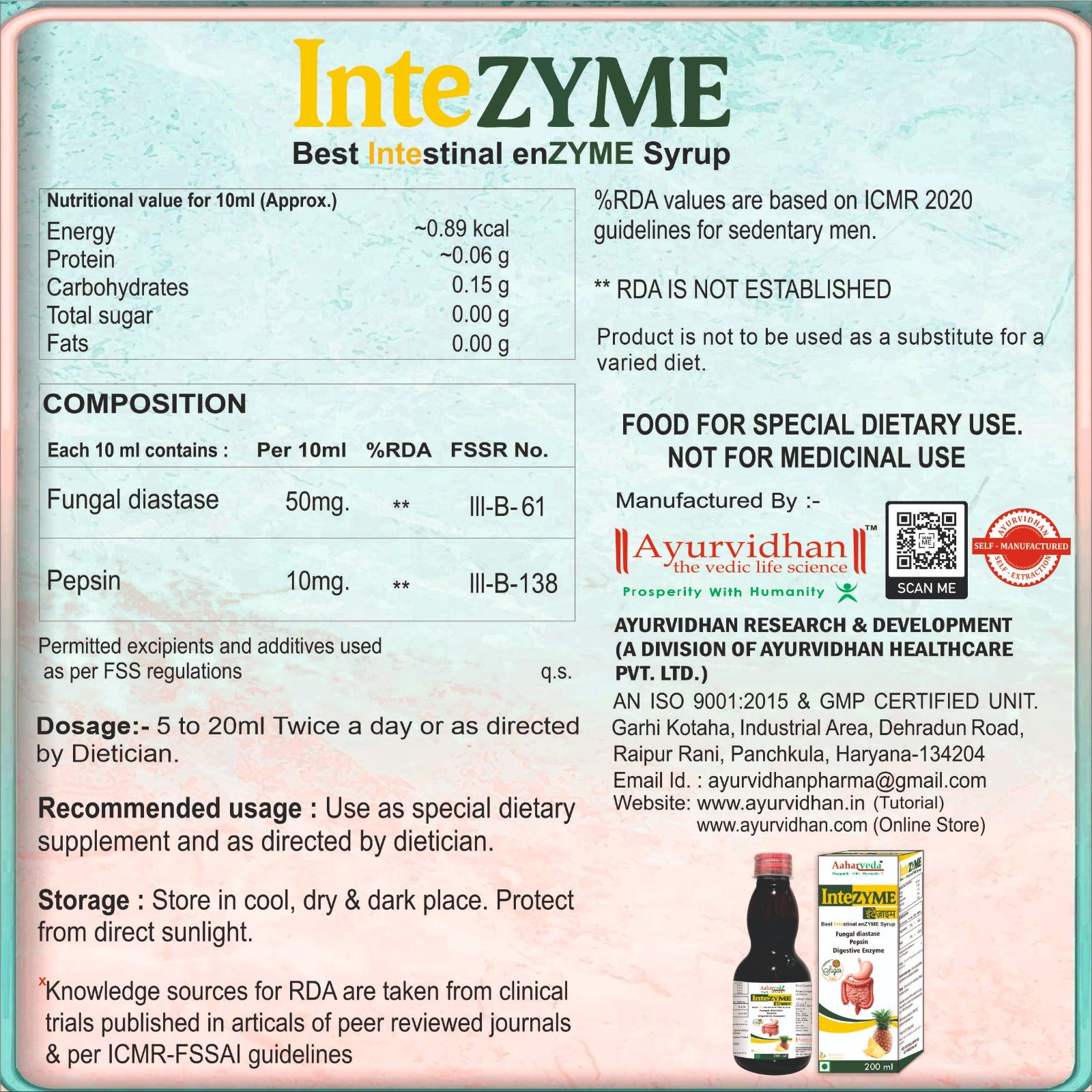 InteZYME Digestive Enzyme Syrup 200ml with Fungal Diastase & Pepsin