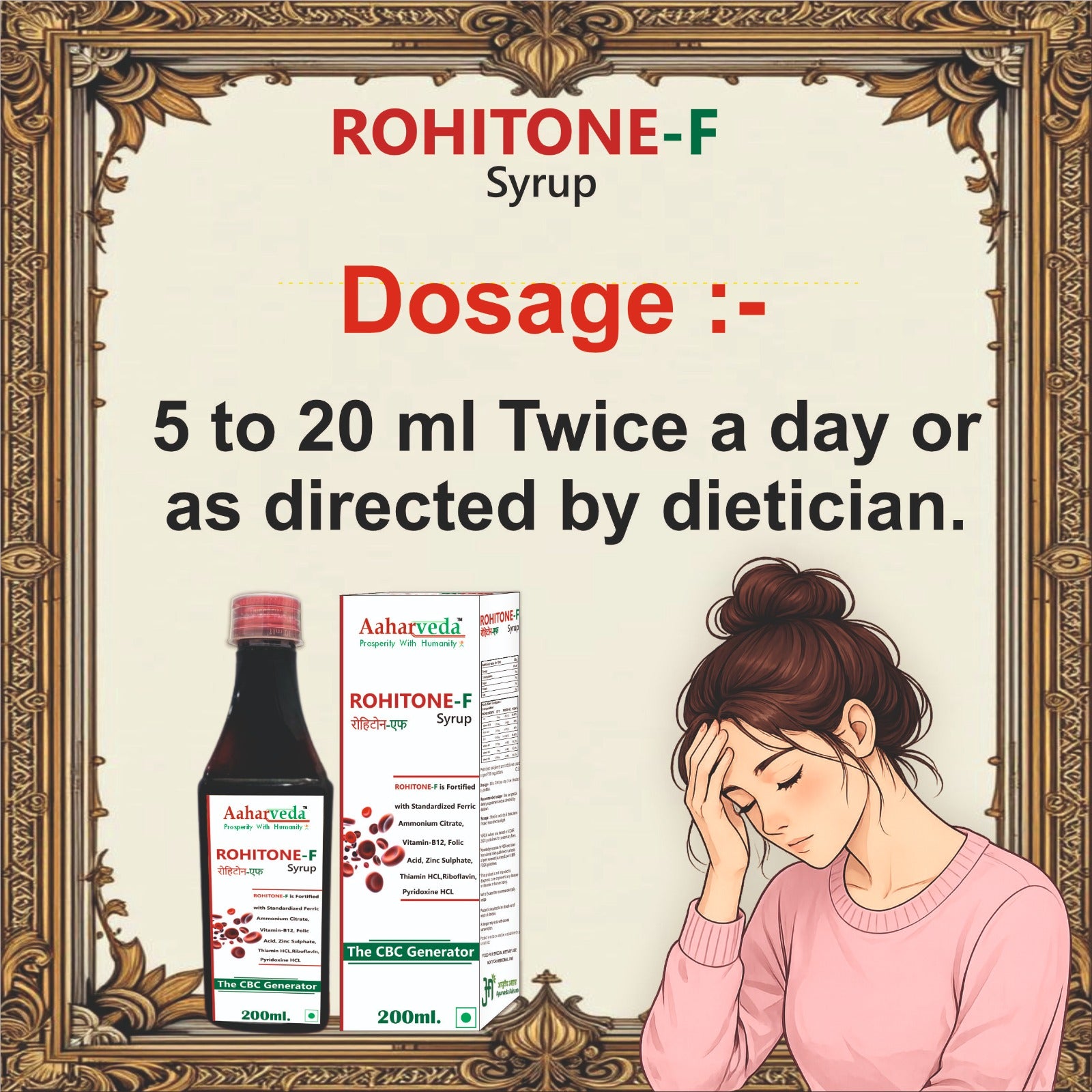 ROHITONE-F Syrup 200ml with Iron, Folic Acid, Zinc & Vitamin B Complex