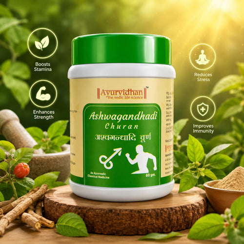 A jar of Ayurvedic Ashwagandhadi Churan supplement by Ayurvidhan, set on a rustic wood slice with herbs, roots, and a mortar and pestle. The jar has a green lid and a cream and green label with product benefits highlighted in circular icons on the left and right.