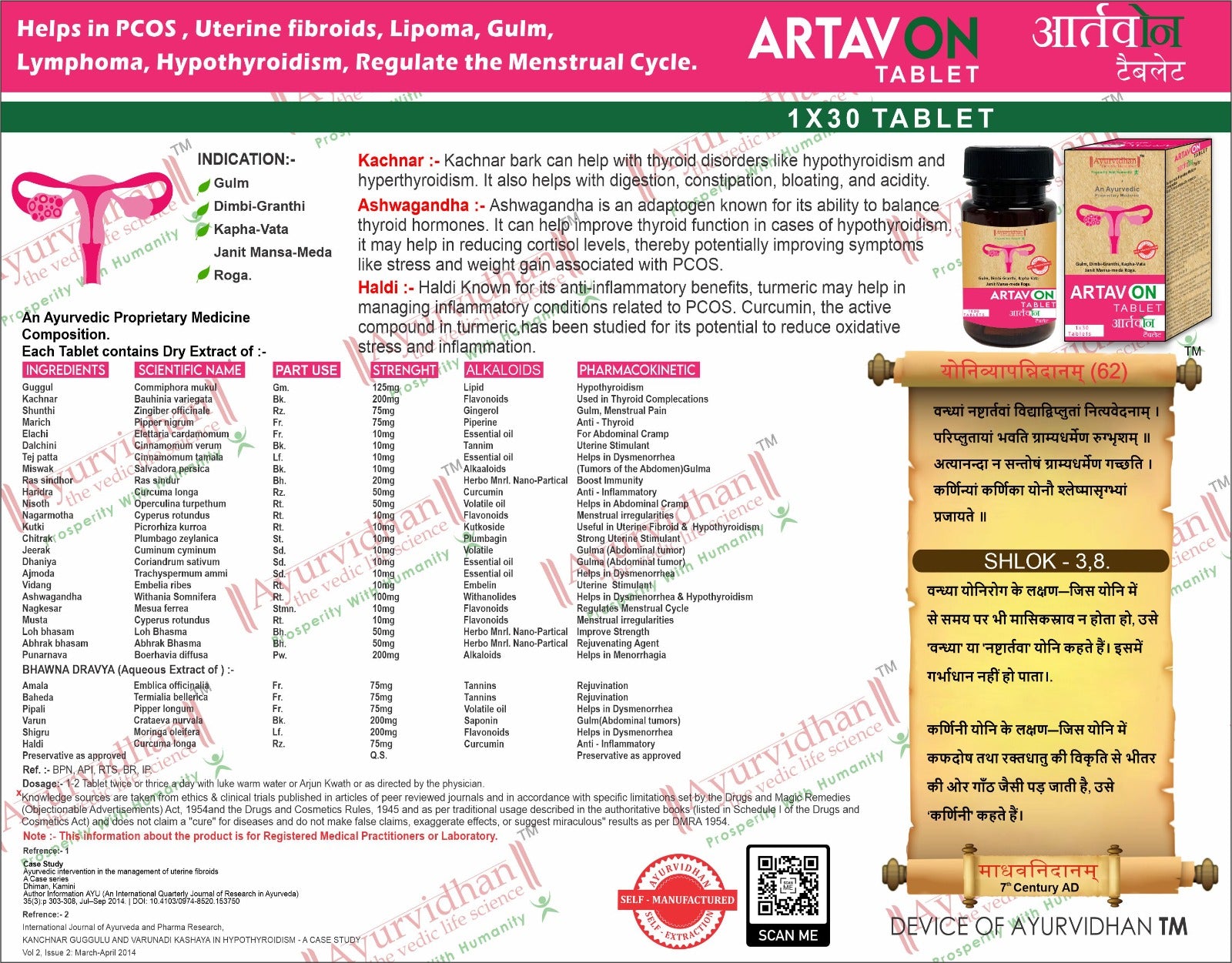 A promotional infographic for Artavon Tablets, featuring product packaging, a bottle, a box, and a jar, alongside extensive text detailing indications, ingredients, side effects, and dosage in English and Hindi. The layout is highly detailed and multi-colored, set against a white background with a green header.