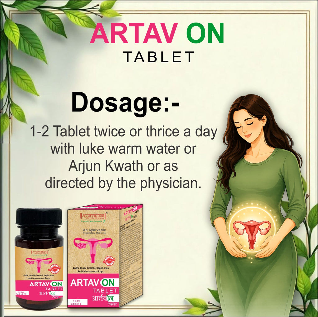 Promotional graphic for Artav On Tablet, showing a bottle and box of the product, dosage instructions, and an illustration of a pregnant woman holding a glowing uterus graphic.