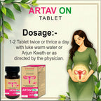 Promotional graphic for Artav On Tablet, showing a bottle and box of the product, dosage instructions, and an illustration of a pregnant woman holding a glowing uterus graphic.
